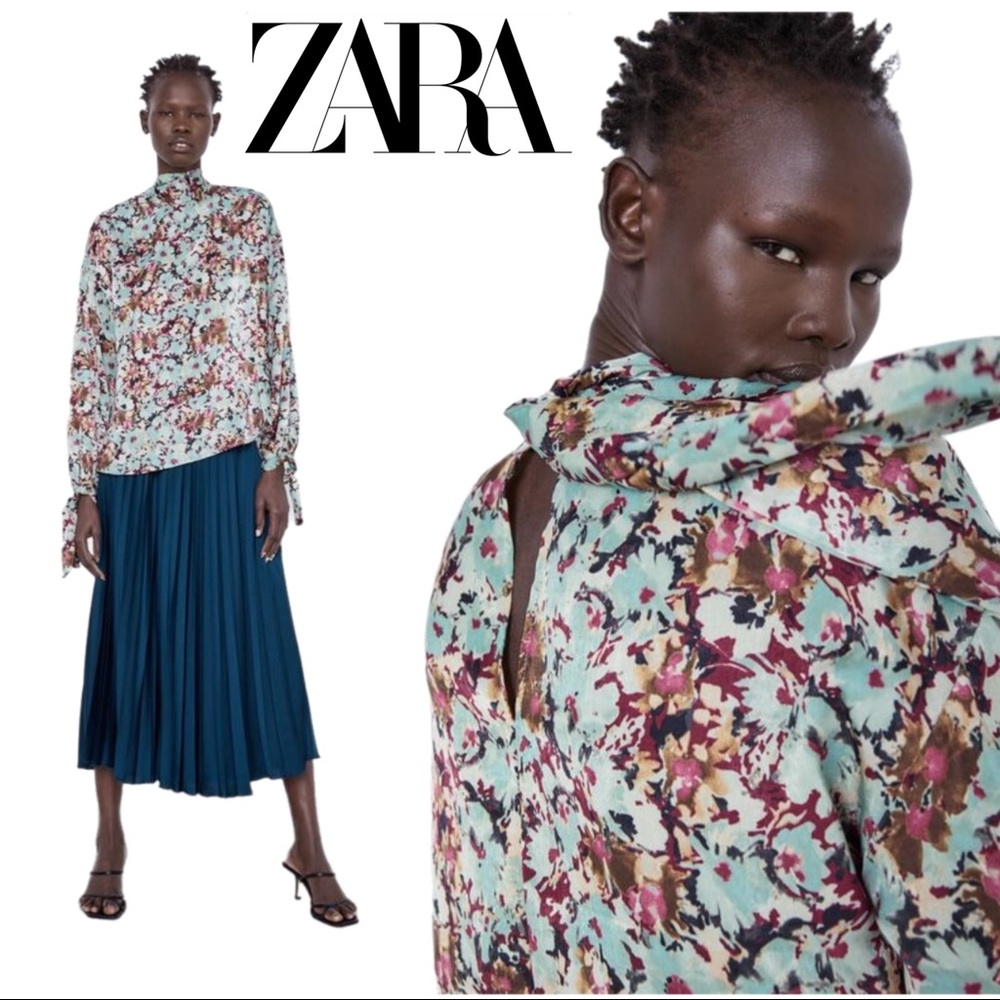 NEW Zara Floral High Neck Tie Sleeve Blouse